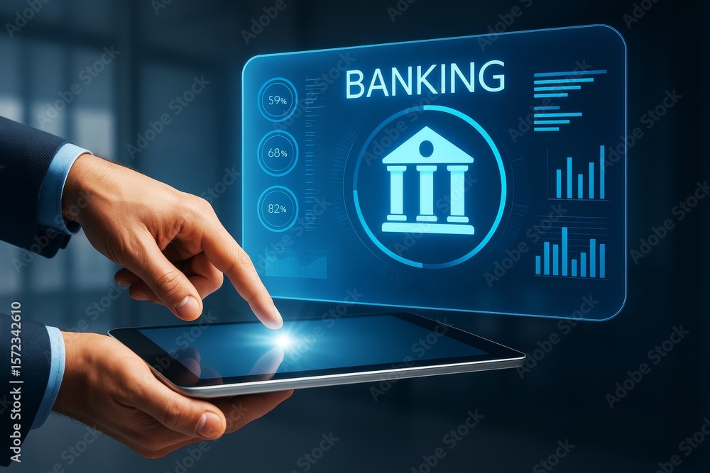 Poster Businessman using futuristic digital banking interface on tablet with glowing charts and data on dark background, symbolizing modern finance technology.