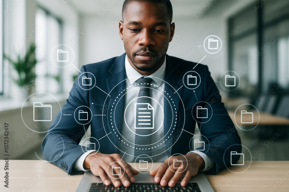 Aufkleber Business professional using laptop with digital file management interface in modern office environment symbolizing advanced tech solutions.