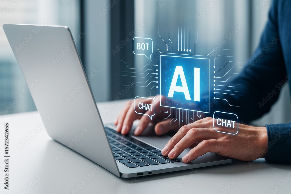 Poster Person typing on laptop with digital AI chatbot interface glowing on screen, symbolizing artificial intelligence communication technology concept.