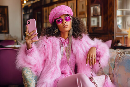 Fashionable social media influencer in glamorous pink outfit with smartphone, luxury lifestyle