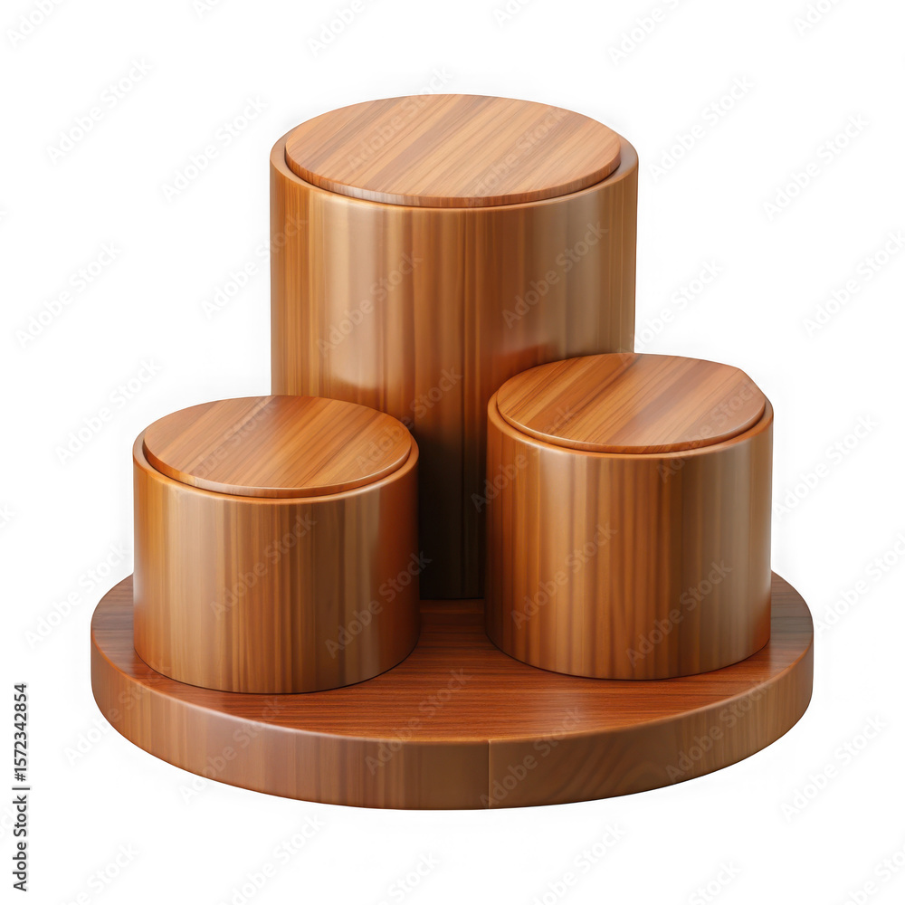 Poster photo of a wooden podium display stand for product presentation and promotion in 3d rendering isolat