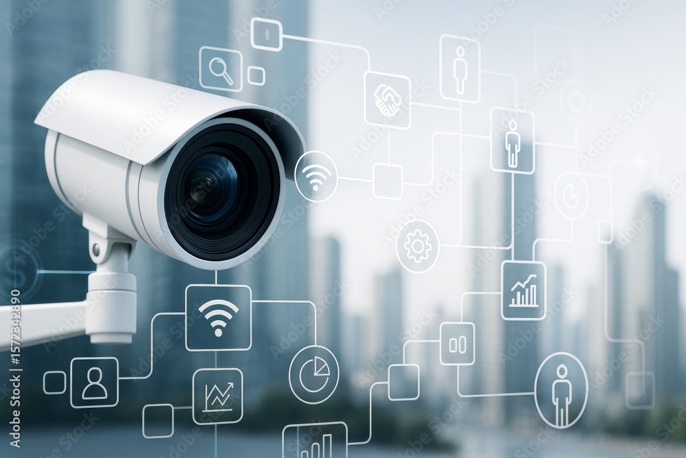 Aufkleber Surveillance camera on urban building background with technology icons representing smart city data and network connectivity concept.