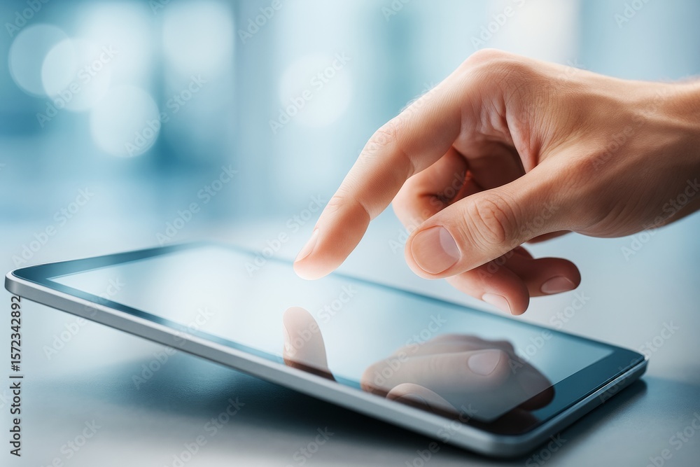 Poster Close-up of hand interacting with tablet touchscreen on modern blurred background, representing digital technology and innovation concept.