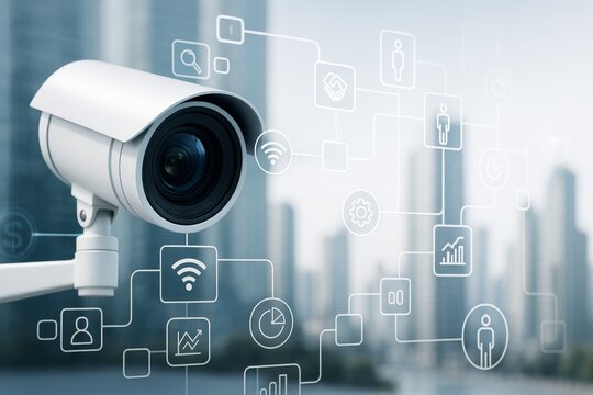 Surveillance camera on urban building background with technology icons representing smart city data and network connectivity concept. - Powered by Adobe