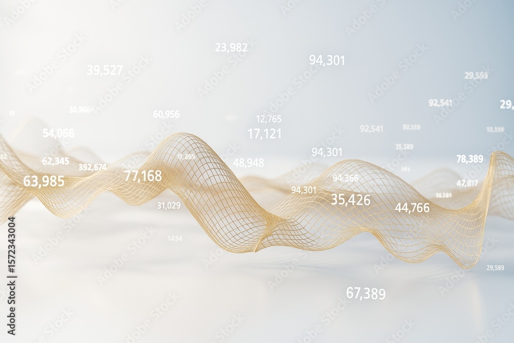 Aufkleber Abstract golden mesh wave with floating numerical data on a light gradient background representing digital technology and information concept.