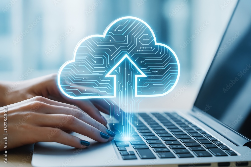 Aufkleber Cloud computing upload concept with glowing digital cloud icon and arrow above laptop keyboard on modern blurry office background.