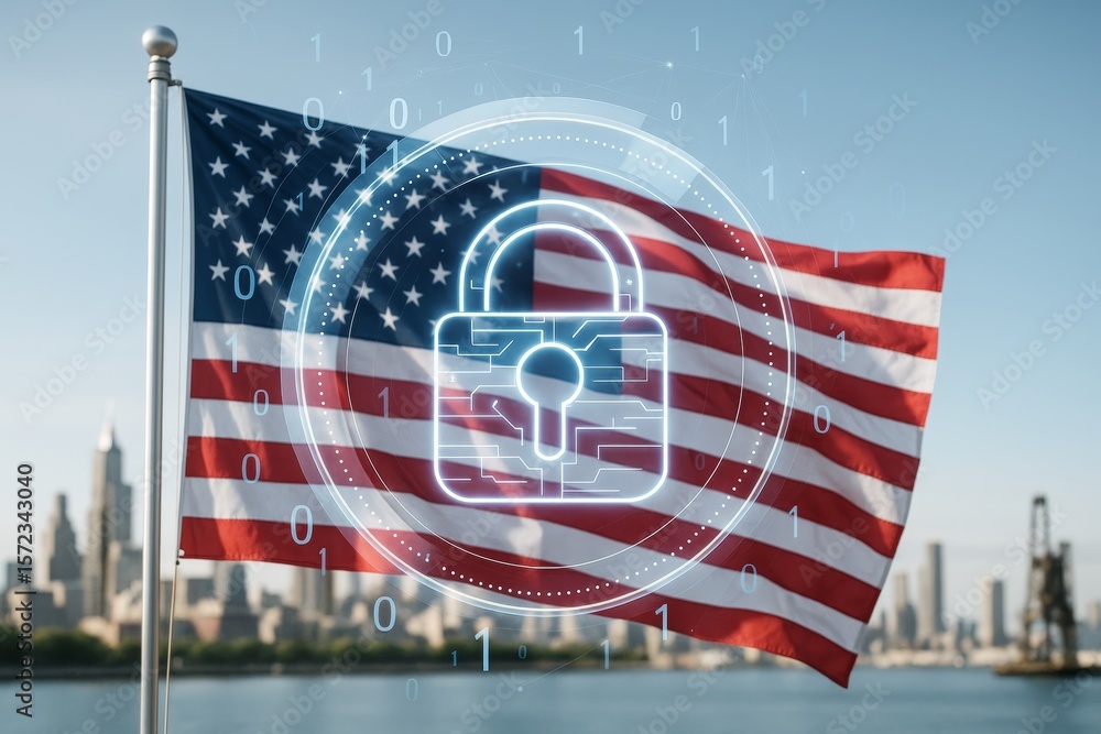 Aufkleber Cybersecurity protection concept with digital lock icon over waving American flag on cityscape background with light tech elements in focus.