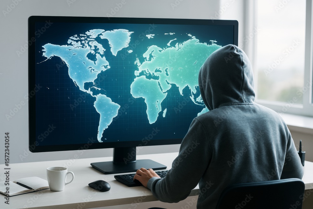 Aufkleber Hacker in hoodie using computer with glowing world map on screen in bright room, symbolizing global cybercrime and tech surveillance.