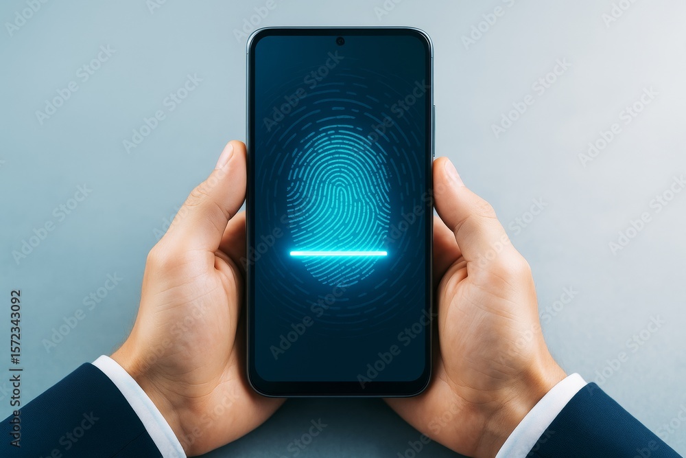 Aufkleber Businessman holding smartphone with glowing fingerprint scan on screen, symbolizing biometric security and digital authentication technology concept.