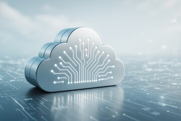 Cloud technology concept with metallic circuit design on light digital background symbolizing data storage and network systems in tech environment.