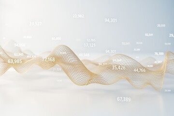 Abstract golden mesh wave with floating numerical data on a light gradient background representing digital technology and information concept.
