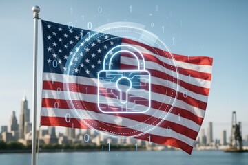 Cybersecurity protection concept with digital lock icon over waving American flag on cityscape background with light tech elements in focus.