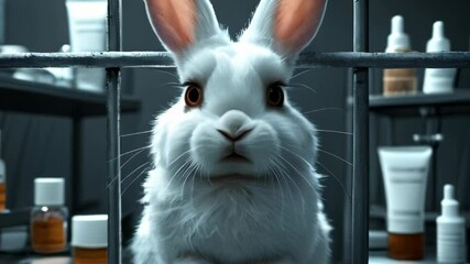 A laboratory rabbit subjected to cosmetic testing, highlighting the ethical concerns and debates surrounding animal rights, scientific experimentation, and the call for cruelty-free alternatives 