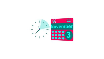 November month 3 date calendar icon and cyan color clock 4k illustration. Digital calendar month concept design on White background.