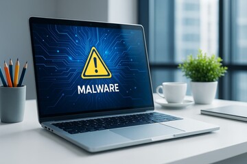 Laptop screen showing malware warning sign with digital circuit background on desk in modern office environment with natural light and creative concept.