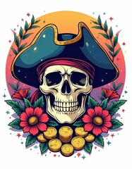 Vector illustration of a skull wearing a pirate hat with flowers and gold coins. Generate AI