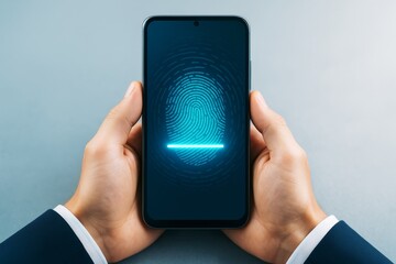 Businessman holding smartphone with glowing fingerprint scan on screen, symbolizing biometric security and digital authentication technology concept.