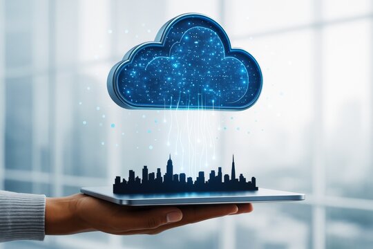 Cloud computing concept over digital city model on tablet with glowing data streams and futuristic technology background in bright office setting.