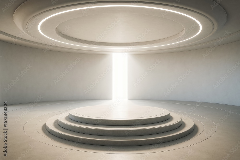 Aufkleber Futuristic circular stage with glowing ceiling lights and empty white background for product display or tech concept mockup design template use.