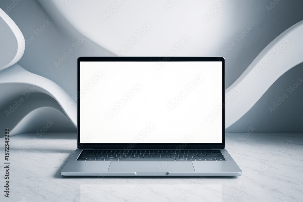Poster modern laptop with blank white screen on marble surface and abstract curved background for technolog