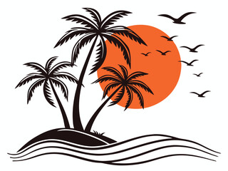 Vector art of palm trees on a tropical island with a vibrant orange sunset backdrop