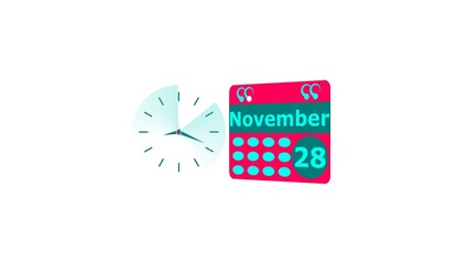 November month 28 date calendar icon and cyan color clock 4k illustration. Digital calendar month concept design on White background.