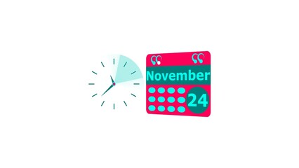 November month 24 date calendar icon and cyan color clock 4k illustration. Digital calendar month concept design on White background.
