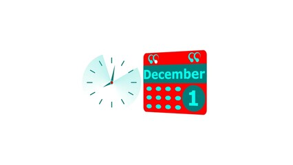 December month 1 date calendar icon and cyan color clock 4k illustration. Digital calendar month concept design on White background.