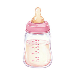 Nourishing Beginnings: Watercolor rendering of a pristine baby bottle filled with milk, embodying care and nurturing. Perfect for conveying themes of infancy and parenthood.