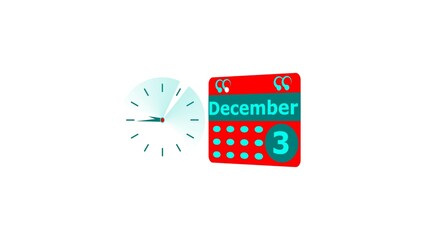 December month 3 date calendar icon and cyan color clock 4k illustration. Digital calendar month concept design on White background.