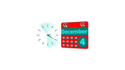 December month 4 date calendar icon and cyan color clock 4k illustration. Digital calendar month concept design on White background.