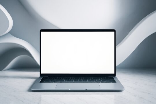 Modern laptop with blank white screen on marble surface and abstract curved background for technology presentation or business concept mockup. - Powered by Adobe