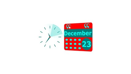 December month 23 date calendar icon and cyan color clock 4k illustration. Digital calendar month concept design on White background.