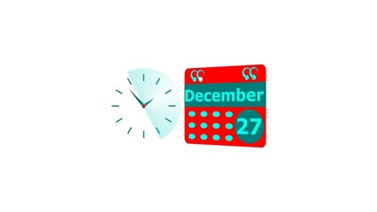 December month 2 7date calendar icon and cyan color clock 4k illustration. Digital calendar month concept design on White background.