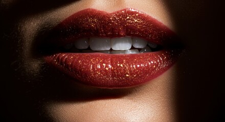 Fototapeta premium Close Up Red Lips with Gold Glitter Makeup