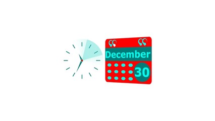December month 30 date calendar icon and cyan color clock 4k illustration. Digital calendar month concept design on White background.