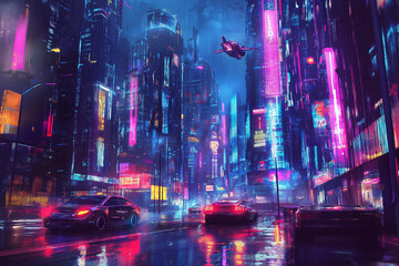 Spectacular nighttime in cyberpunk city of the futuristic fantasy world features skyscrapers, flying cars, and neon lights. Digital art 3D illustration. Acrylic painting