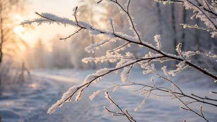 Winter Frost Embrace: Capture the serene beauty of winter with frosted branches against the backdrop of a snow-covered landscape bathed in the golden light of dawn, evokes a sense of peace.