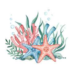 Underwater Fantasy: Artistic rendering of vibrant coral reefs and starfish. A tranquil underwater composition, evoking the serene beauty of the ocean.