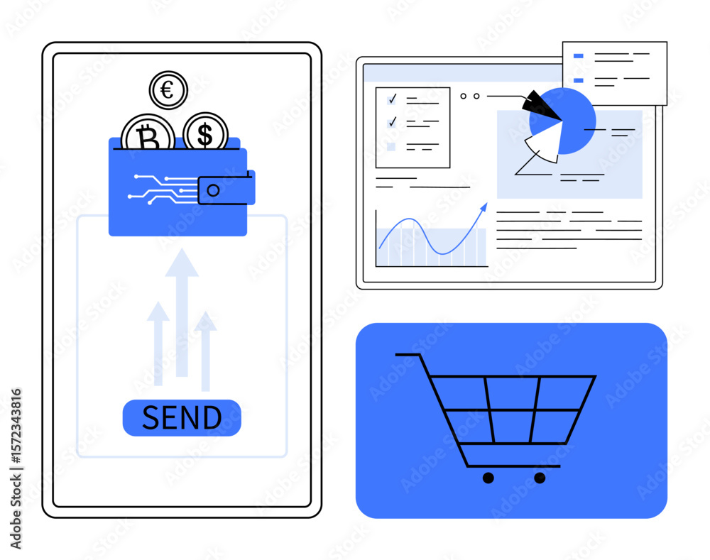 Poster mobile wallet with currency coins, e-commerce cart icon, analytics on screen with graphs. ideal for 