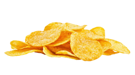 Closeup of Golden Crispy Potato Chips Stacked on Each Other with a Transparent Background