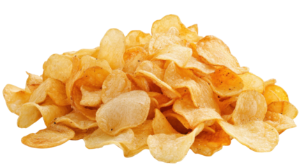 Crisp and Golden Potato Chips Piled Together on Transparent Background Ready for Snacking