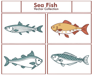 Collection of four illustrated sea fish in various styles suitable for design projects