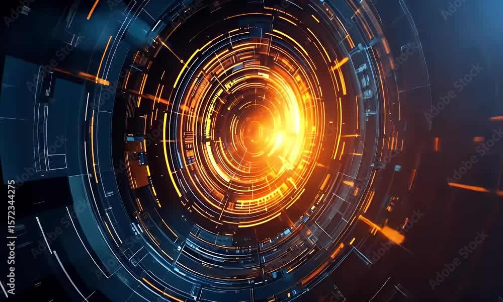 Poster abstract circular graphic design with concentric lines and glowing orange elements