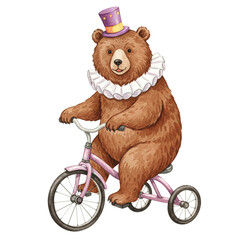 Whimsical Bear on a Tricycle: A charming illustrated bear, dressed in a vibrant circus outfit, pedals a pink tricycle with joyful exuberance, creating a playful and nostalgic atmosphere.
