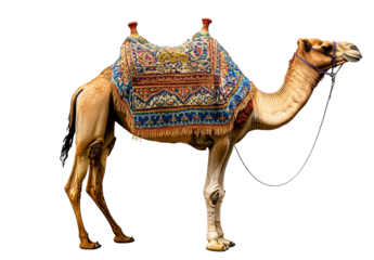 Ornate Camel, Colorful Saddle Blanket, Isolated on Transparent PNG