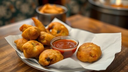 Crispy aloo bonda served with dipping sauce on a paperlined plate