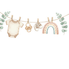 Baby Shower Delight: Pastel-colored baby essentials, including a onesie, soother, shoes, and rainbow, dangle playfully from a clothesline, exuding a sense of tenderness and joy for an upcoming baby.