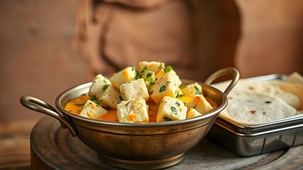 A bowl of creamy paneer curry with fresh cilantro and tortillas