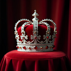 A majestic, intricately designed diamond-encrusted red crown, adorned with subtle